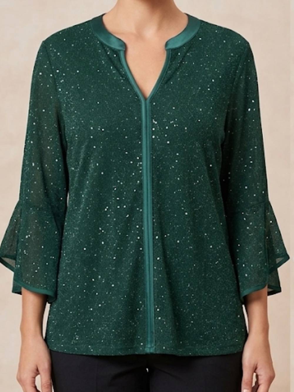 Embellished Emerald V-Neck Bell-Sleeve Blouse